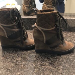 Chloe olive green suede wedge booties